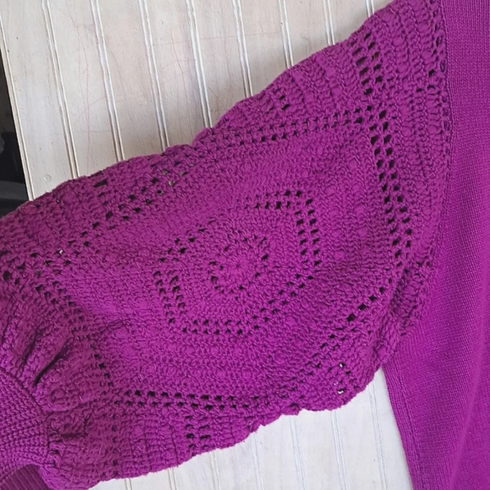 Fate Handknit Puff Crochet Sleeve Knit Sweater Cotton Blend Boho Soft Purple - Picture 7 of 10